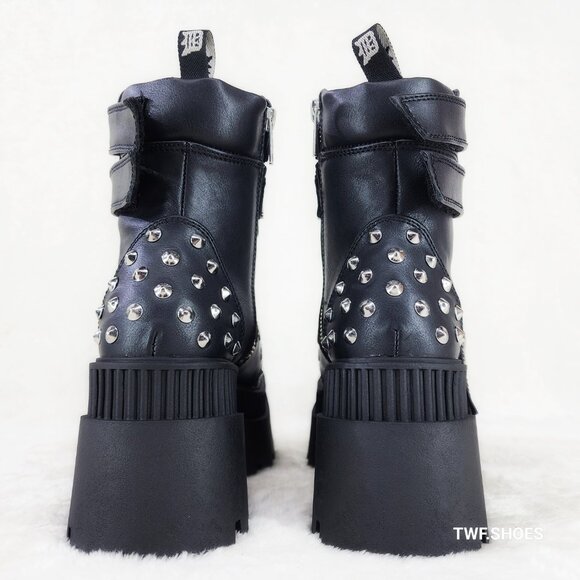 Wicked Wrath 58 Square Toe Goth Lace Up Big Buckle Strap Ankle Boots - Picture 5 of 13